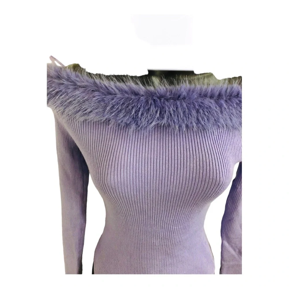 Purple faux‎ fur trim off the shoulder ribbed sweater knit bodysuit size large - Picture 9 of 17